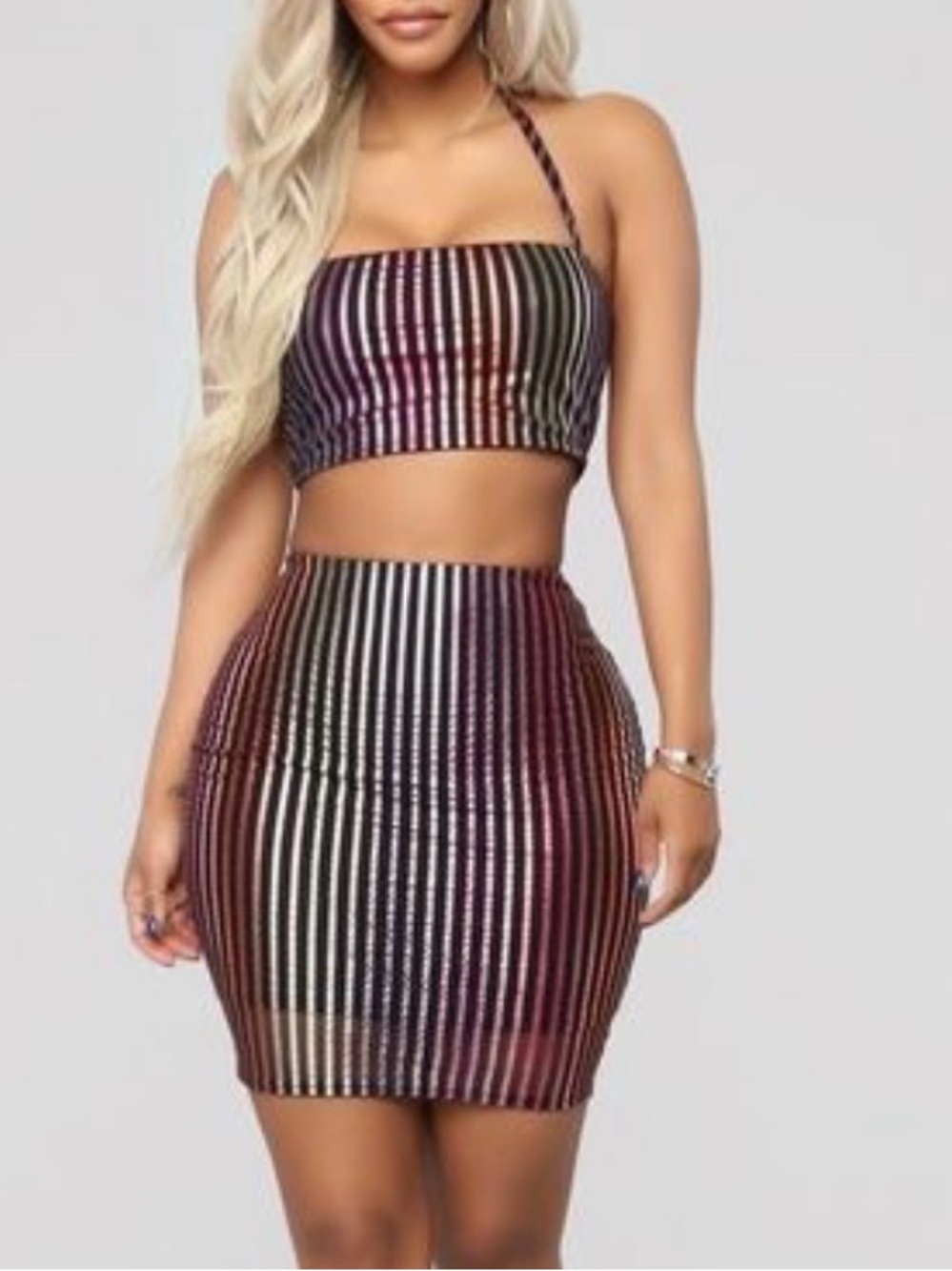 Fashion Nova Metallic Striped Bodycon Mini Skirt - Black, Pink & Silver Hues